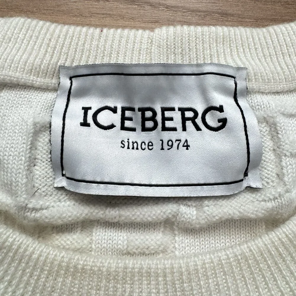 Vintage 90s Iceberg All Over Logo Knit Sweater Cream Wool Blend Size XXXL Italy